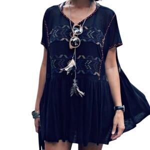 Free People Shenandoah Black Boho Aztec Southwestern Oversized Tunic Top Sz S